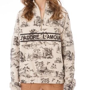Ellandemm J’Adore L’amour French Toile Half Zip Beige Pullover Sweatshirt